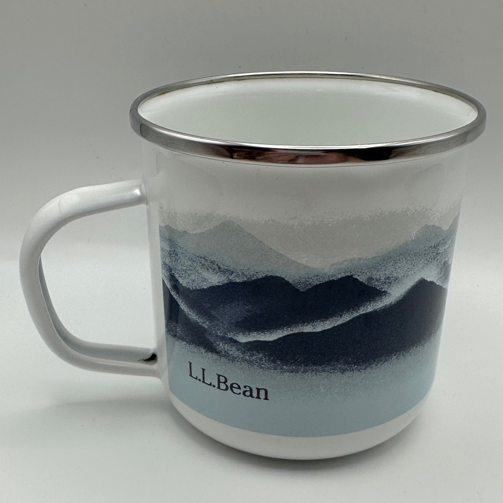 LL Bean Enamel Campfire Mug White Blue Mountain Landscape Silver Rim Outdoor